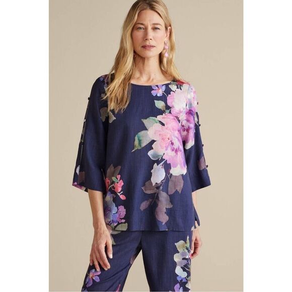 Soft Surroundings Lizette Top Marseille Floral Exploded Large linen blend - Picture 2 of 12